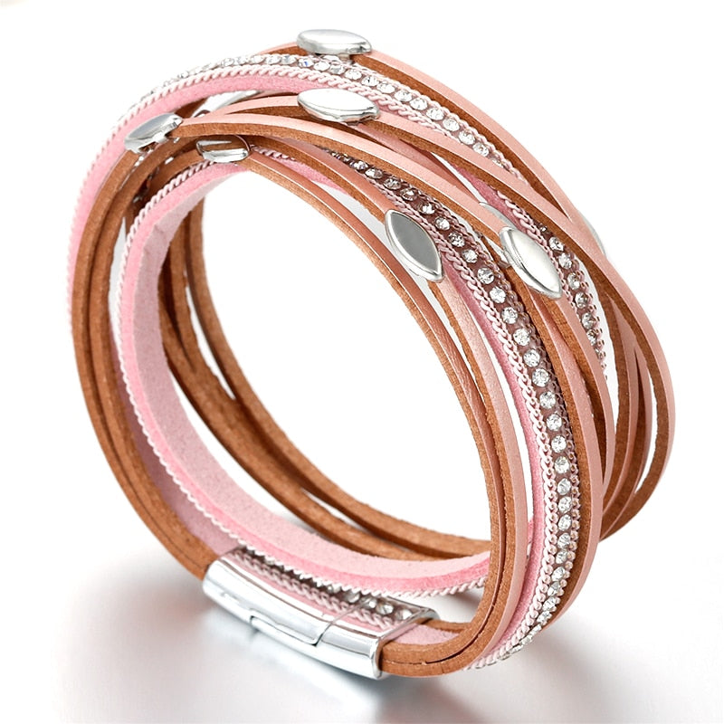 Leaf Layers Leather Bracelet in Pink