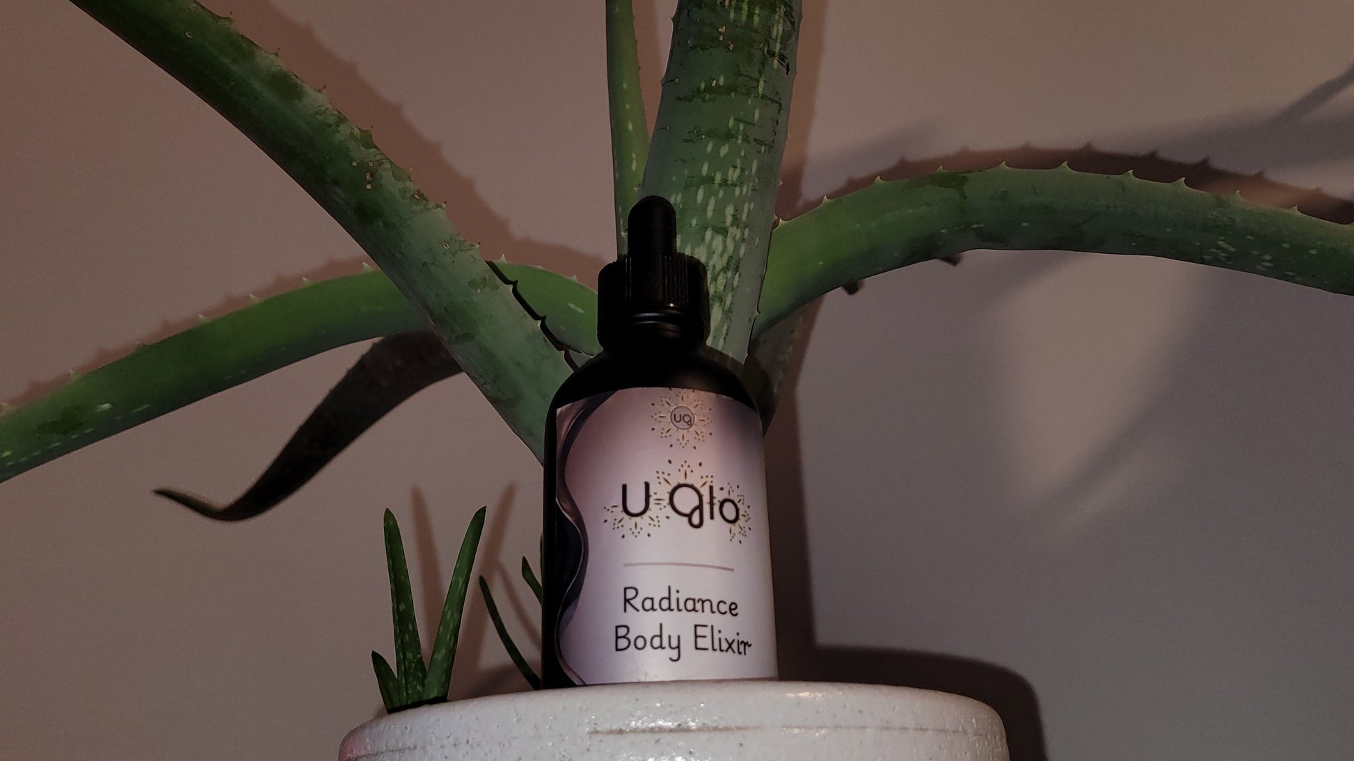 U-Qlo Radiance Body Elixir bottle with dropper against a plant background