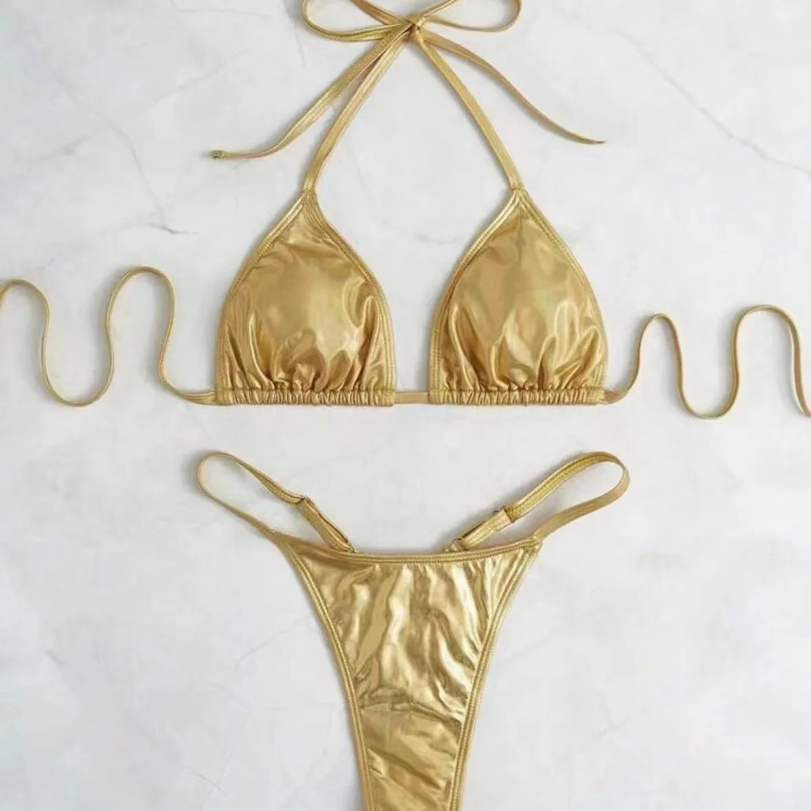 Metallically Gold Thong Bikini Set