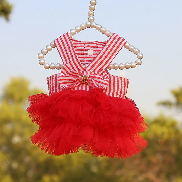 Red and white stripe with red tulle dress for pets 