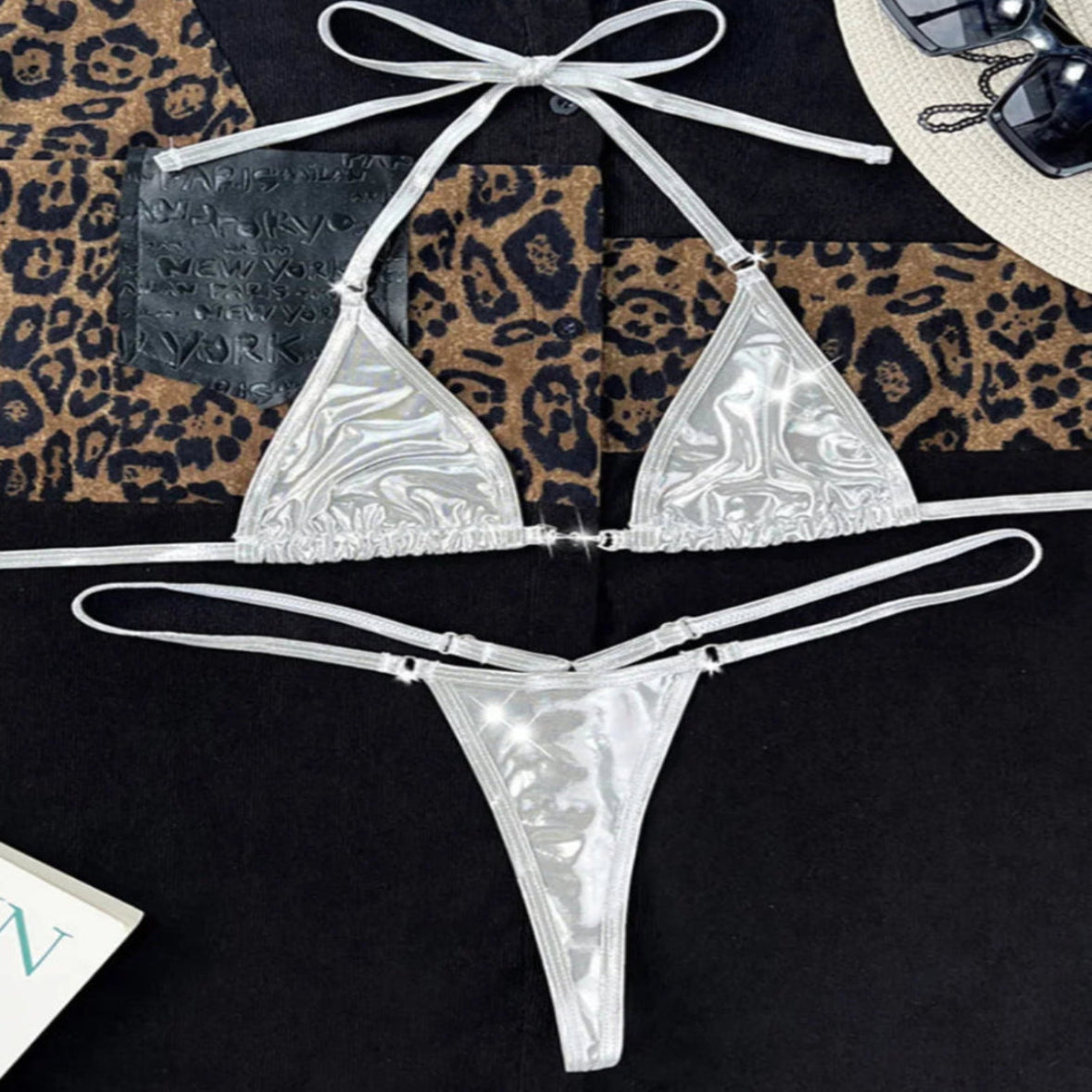 Metallically Silver Thong Bikini Set