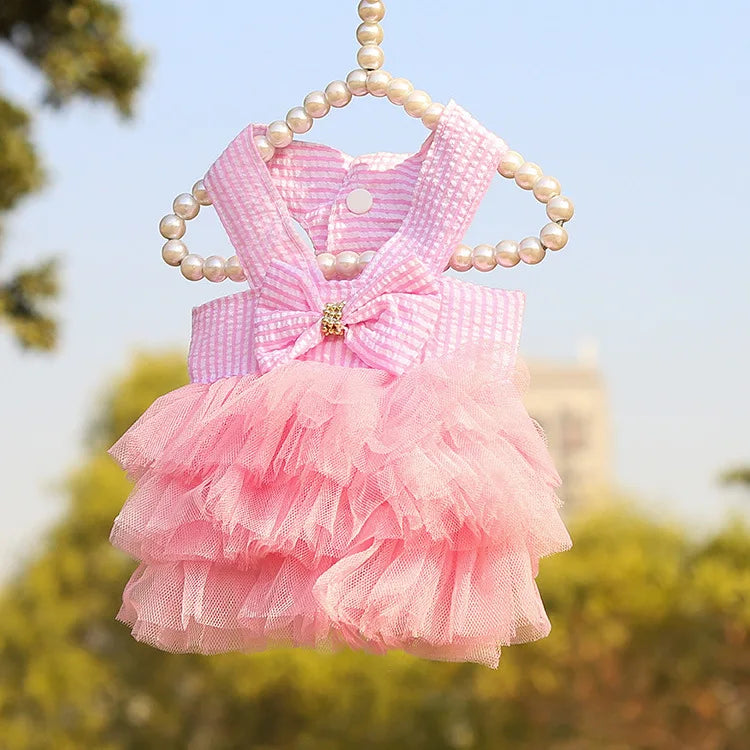 Pink and white stripe with bow and pink tulle dress for pets