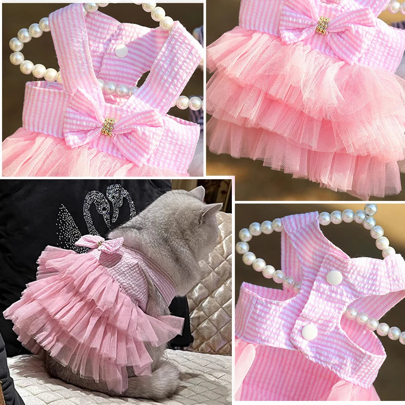 pink and white stripe with bow with pink tulle dress for pets