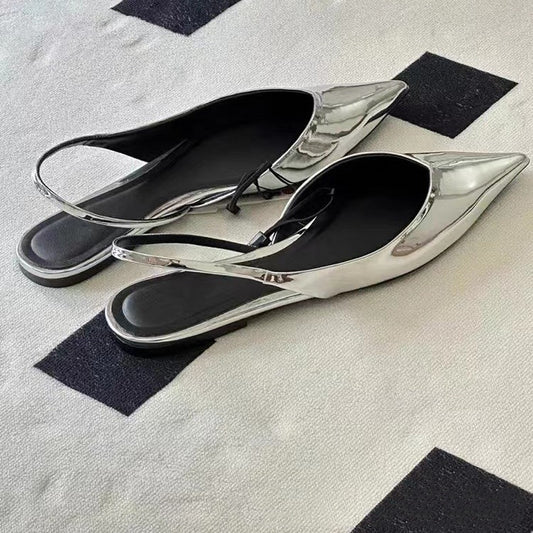 Solid silver casual flats with back strap – microfiber upper leisure shoes
