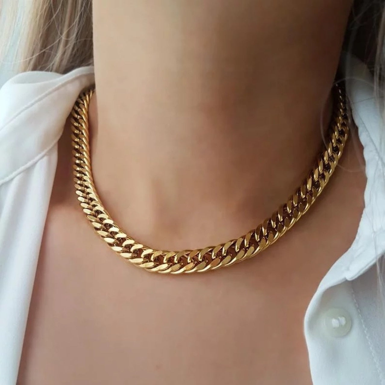 Winner's Circle Chunky Chain in Gold on model's neck