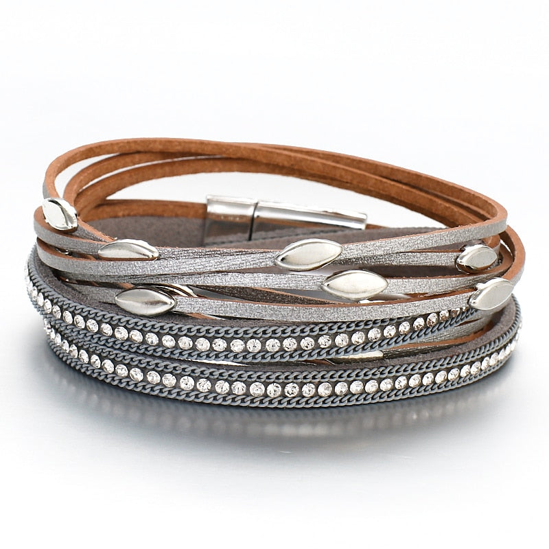 Leaf Layers Leather Bracelet in Silver