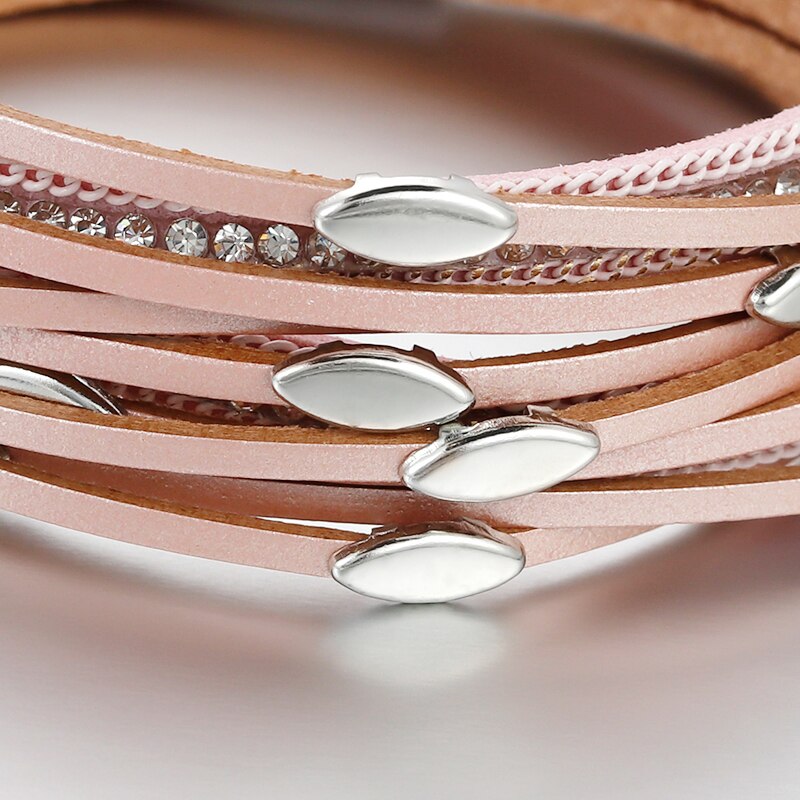 Leaf Layers Leather Bracelet in Pink Leaf Detail