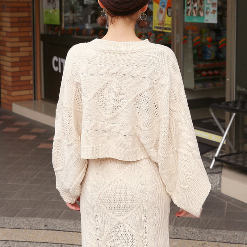 Twist Crochet Sweater Set in Cream back view