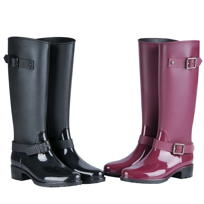 Buckle Up Knee High Rainboots Black and Wine Red