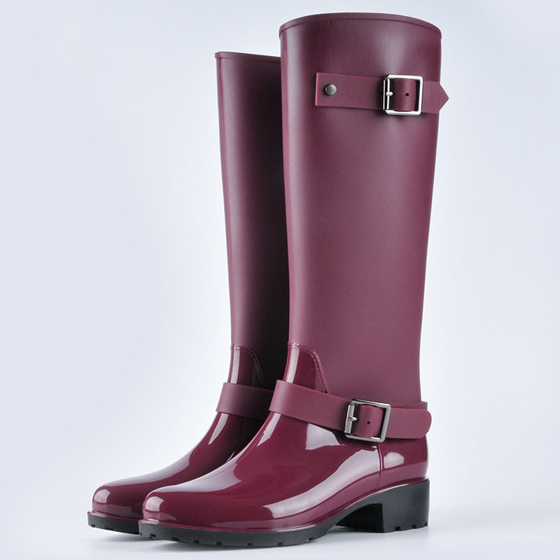 Buckle Up Knee High Rainboots Wine Red